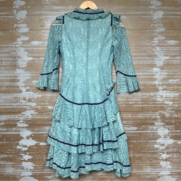 Kubera S. Lace Ruffle Mini Dress Whimsy Goth Western Prairie Boho Blue Womens S - Picture 3 of 4